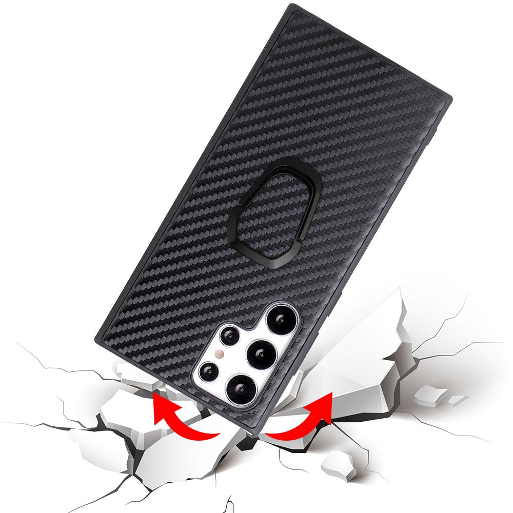 For Samsung Galaxy S22 Ultra 5G Ring Kickstand Anti-fingerprint PU Leather Coated TPU + PC Phone Case Car Mount Holder Shell
