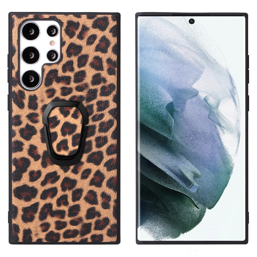 For Samsung Galaxy S22 Ultra 5G Ring Kickstand Anti-fingerprint PU Leather Coated TPU + PC Phone Case Car Mount Holder Shell