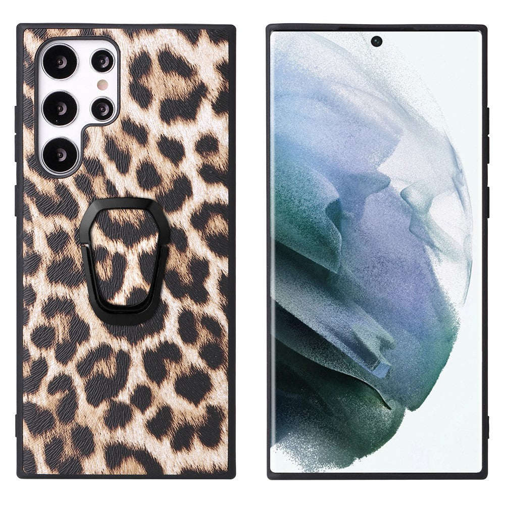 For Samsung Galaxy S22 Ultra 5G Ring Kickstand Anti-fingerprint PU Leather Coated TPU + PC Phone Case Car Mount Holder Shell