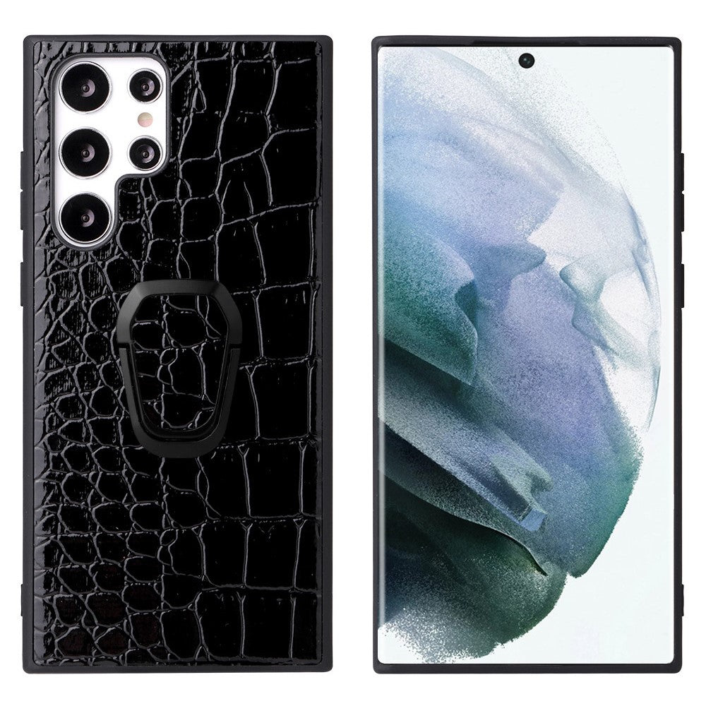For Samsung Galaxy S22 Ultra 5G Ring Kickstand Anti-fingerprint PU Leather Coated TPU + PC Phone Case Car Mount Holder Shell