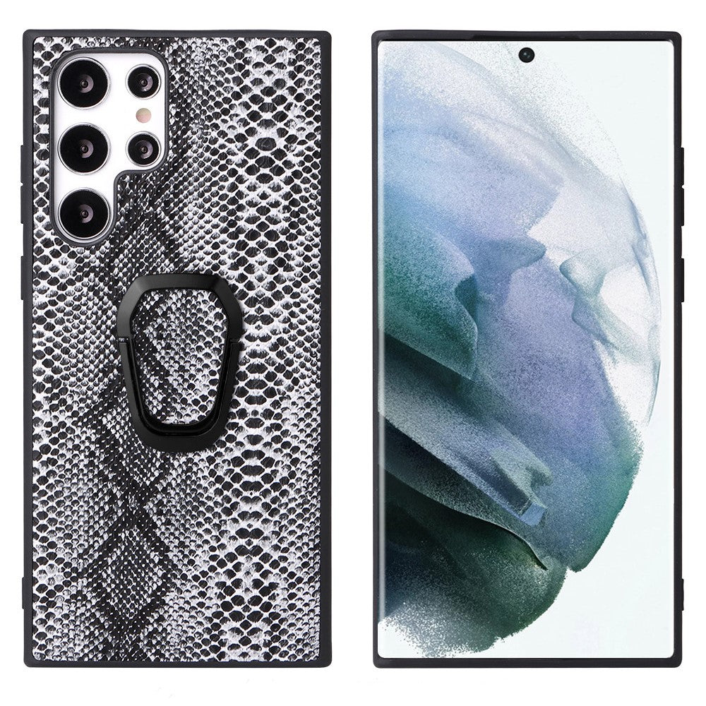 For Samsung Galaxy S22 Ultra 5G Ring Kickstand Anti-fingerprint PU Leather Coated TPU + PC Phone Case Car Mount Holder Shell