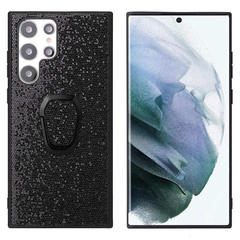 For Samsung Galaxy S22 Ultra 5G Ring Kickstand Anti-fingerprint PU Leather Coated TPU + PC Phone Case Car Mount Holder Shell
