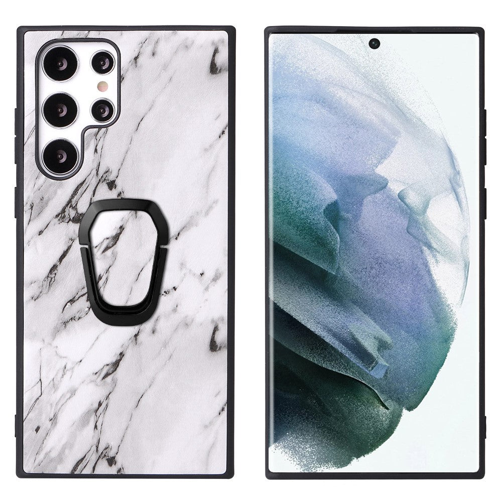 For Samsung Galaxy S22 Ultra 5G Ring Kickstand Anti-fingerprint PU Leather Coated TPU + PC Phone Case Car Mount Holder Shell