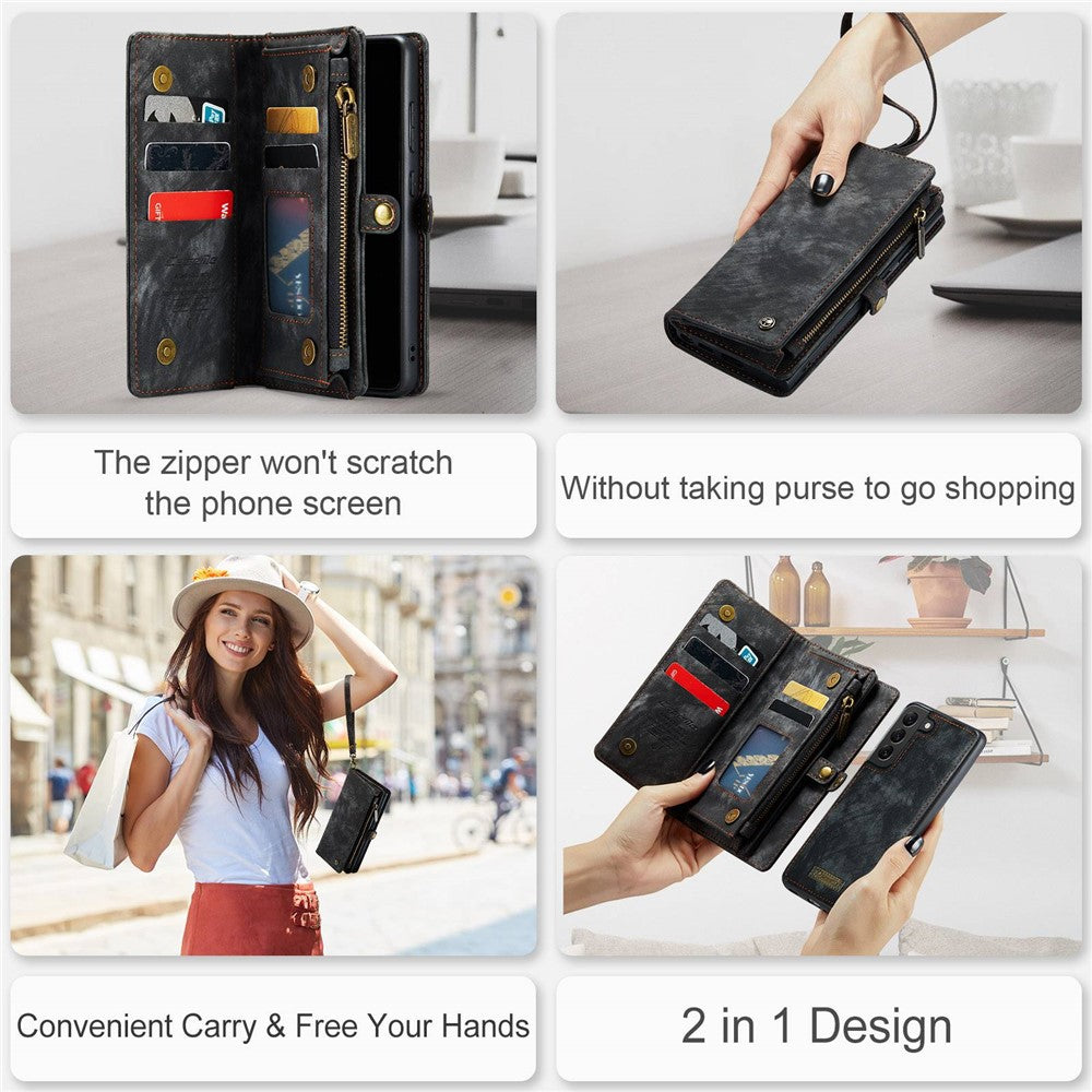 CASEME 008-serie til Samsung Galaxy S22 5G Stødsikkert PU-læder Aftageligt 2-i-1 Telefoncover Multifunktionel Anti-fald Pung Stativ Skal