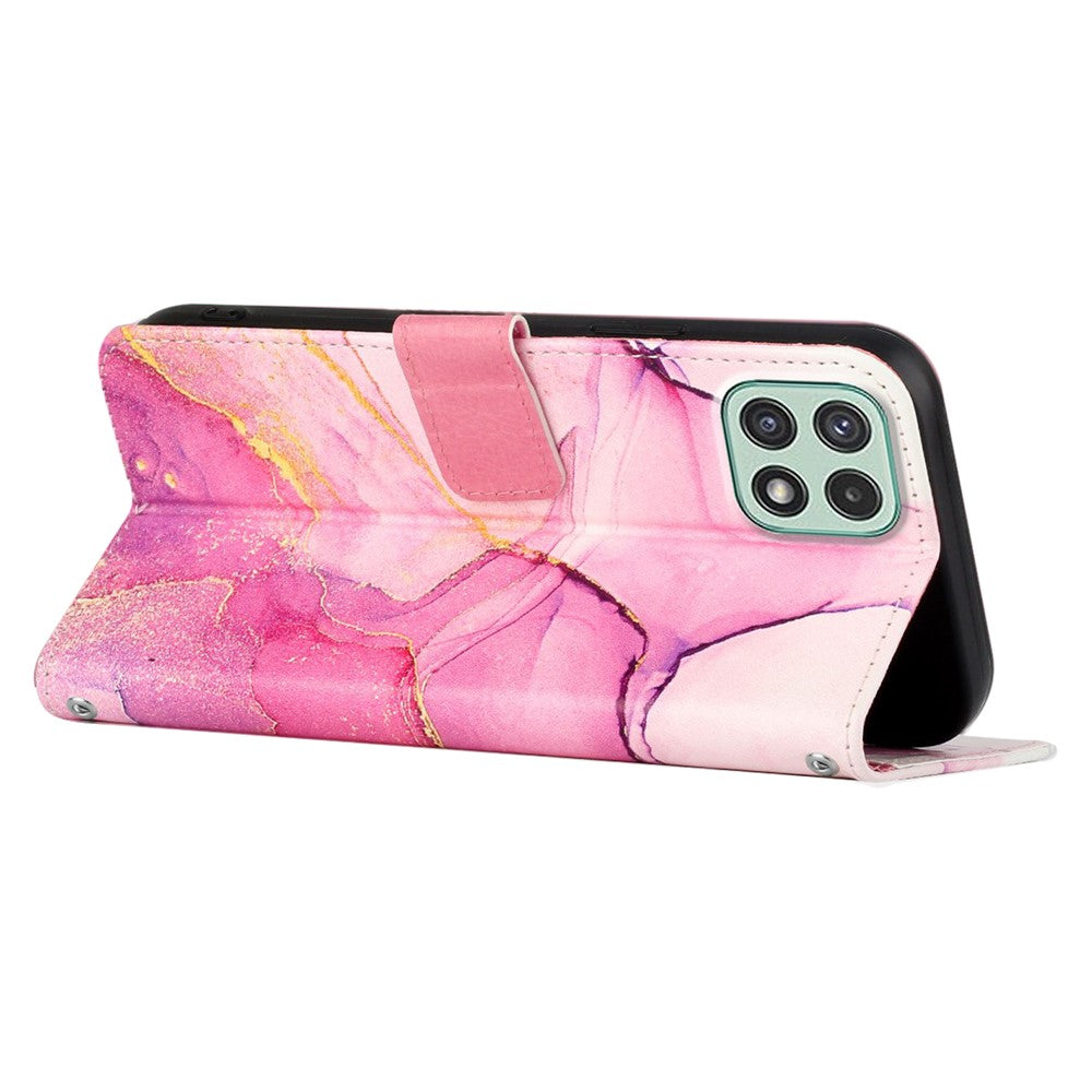 YB Pattern Printing Læderserie-5 til Samsung Galaxy A22 5G (EU-version) Pung Stativ Telefoncover Marmormønster Beskyttelsescover