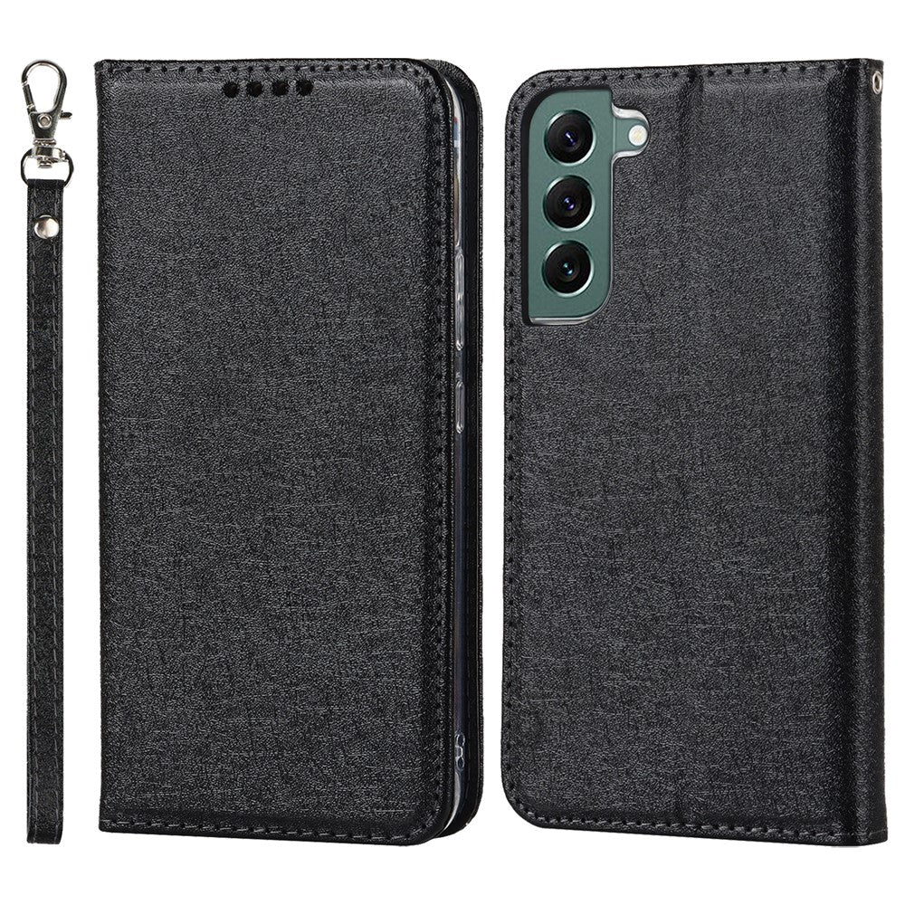 For Samsung Galaxy S22+ 5G PU Leather Silk Texture Phone Case Stand Flip Folio Wallet Cover with Wrist Strap