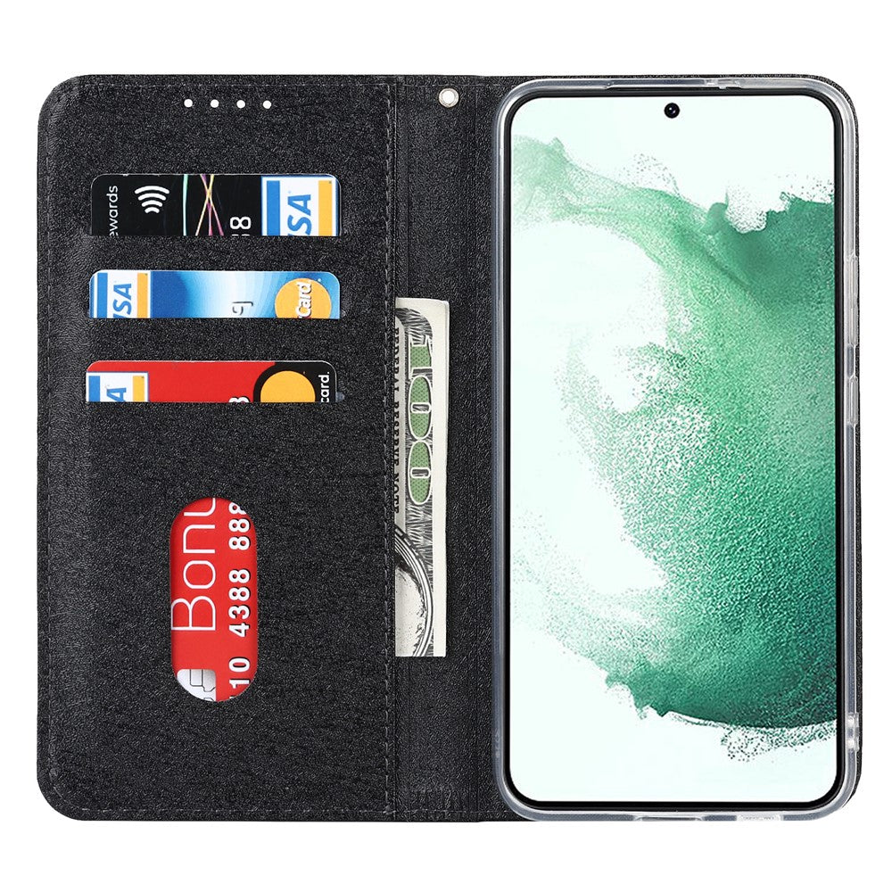 Samsung Galaxy S22+ 5G-mobilcover i PU-læder med silketekstur, stativ, flipcover, tegnebogsetui med håndledsrem