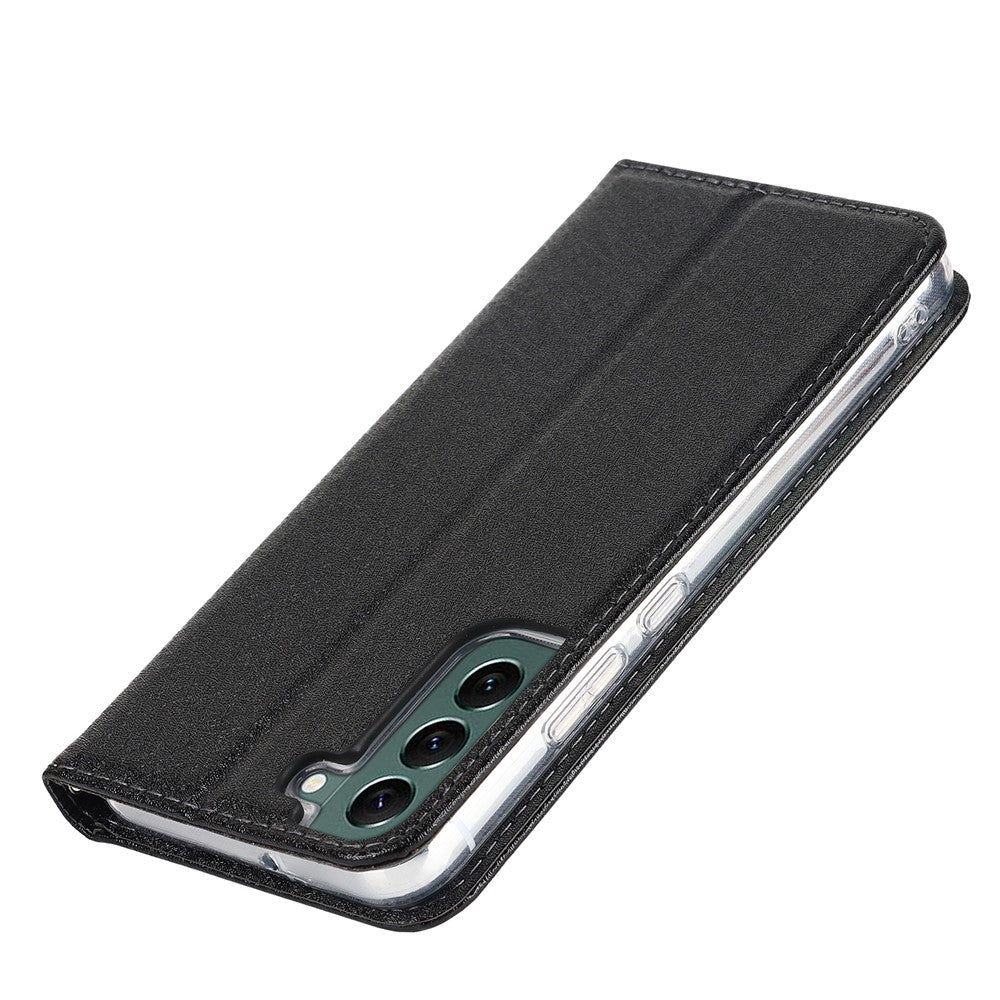 Samsung Galaxy S22+ 5G-mobilcover i PU-læder med silketekstur, stativ, flipcover, tegnebogsetui med håndledsrem