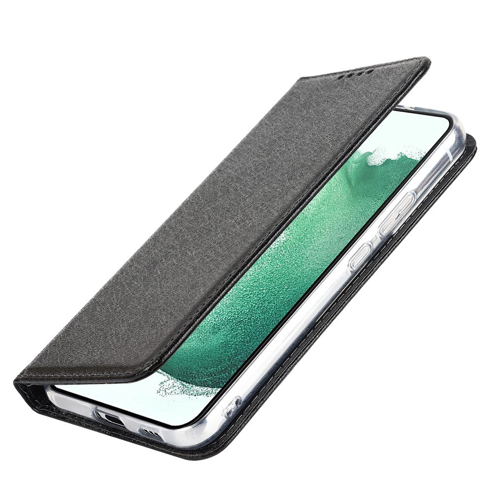 Samsung Galaxy S22+ 5G-mobilcover i PU-læder med silketekstur, stativ, flipcover, tegnebogsetui med håndledsrem
