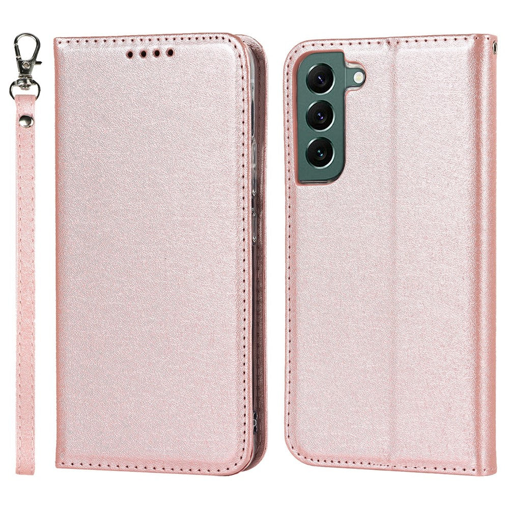 Samsung Galaxy S22+ 5G-mobilcover i PU-læder med silketekstur, stativ, flipcover, tegnebogsetui med håndledsrem