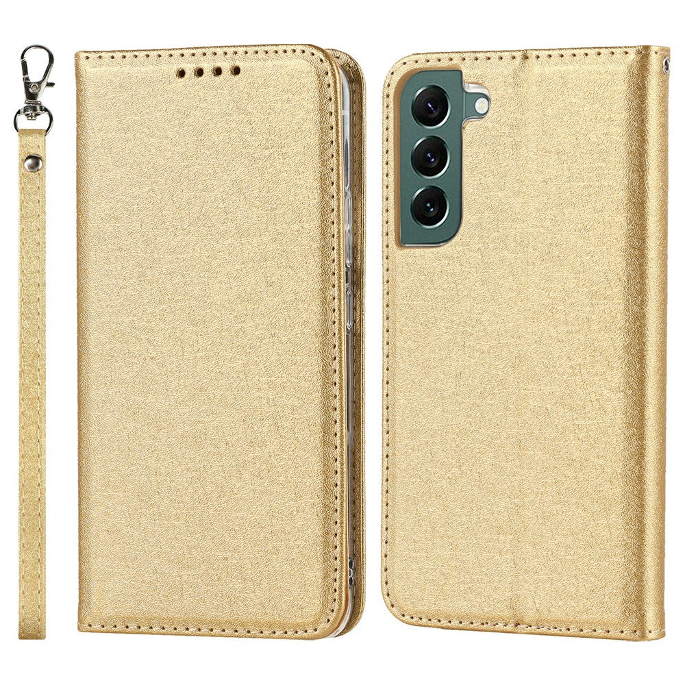 Samsung Galaxy S22+ 5G-mobilcover i PU-læder med silketekstur, stativ, flipcover, tegnebogsetui med håndledsrem