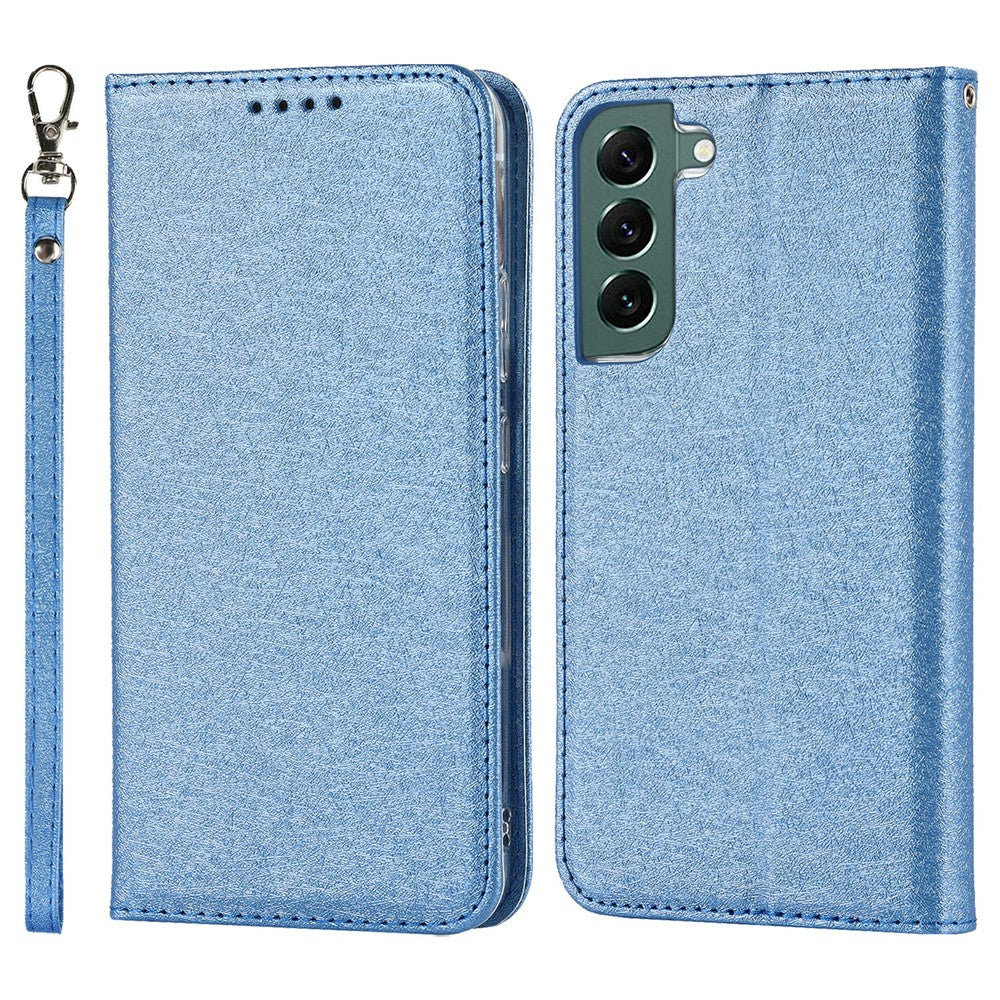 Samsung Galaxy S22+ 5G-mobilcover i PU-læder med silketekstur, stativ, flipcover, tegnebogsetui med håndledsrem