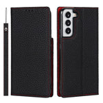 For Samsung Galaxy S22+ 5G Shockproof Genuine Leather Case Litchi Texture Wallet Stand Phone Shell with Hand Strap
