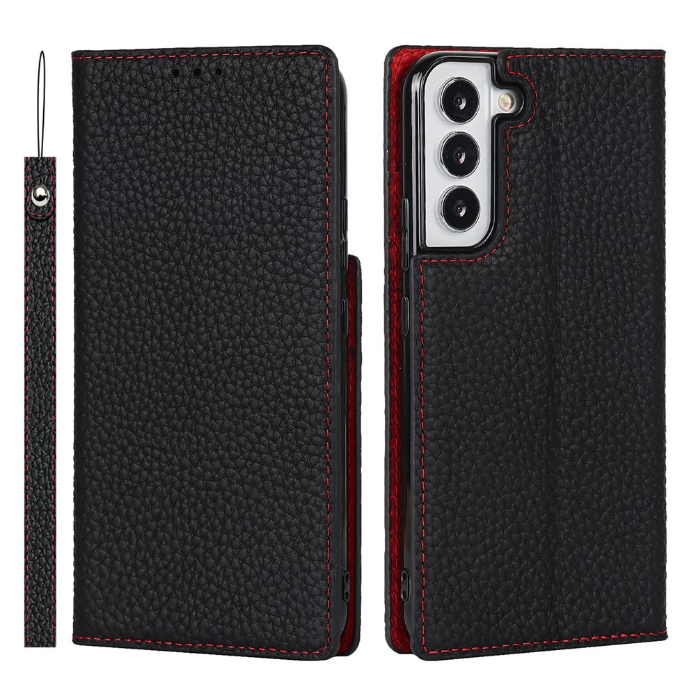 For Samsung Galaxy S22+ 5G Shockproof Genuine Leather Case Litchi Texture Wallet Stand Phone Shell with Hand Strap