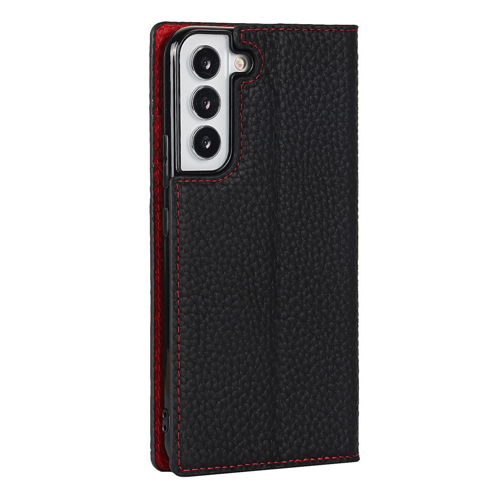 For Samsung Galaxy S22+ 5G Shockproof Genuine Leather Case Litchi Texture Wallet Stand Phone Shell with Hand Strap