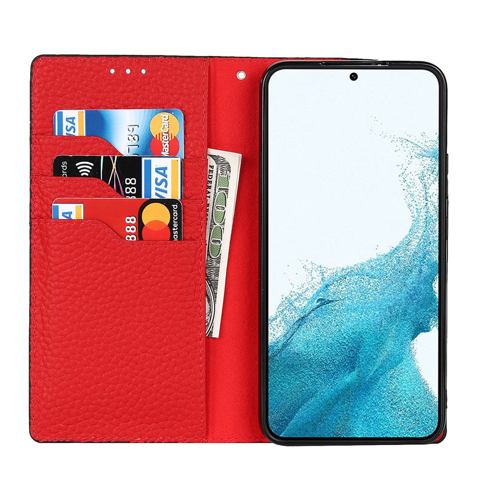 For Samsung Galaxy S22+ 5G Shockproof Genuine Leather Case Litchi Texture Wallet Stand Phone Shell with Hand Strap