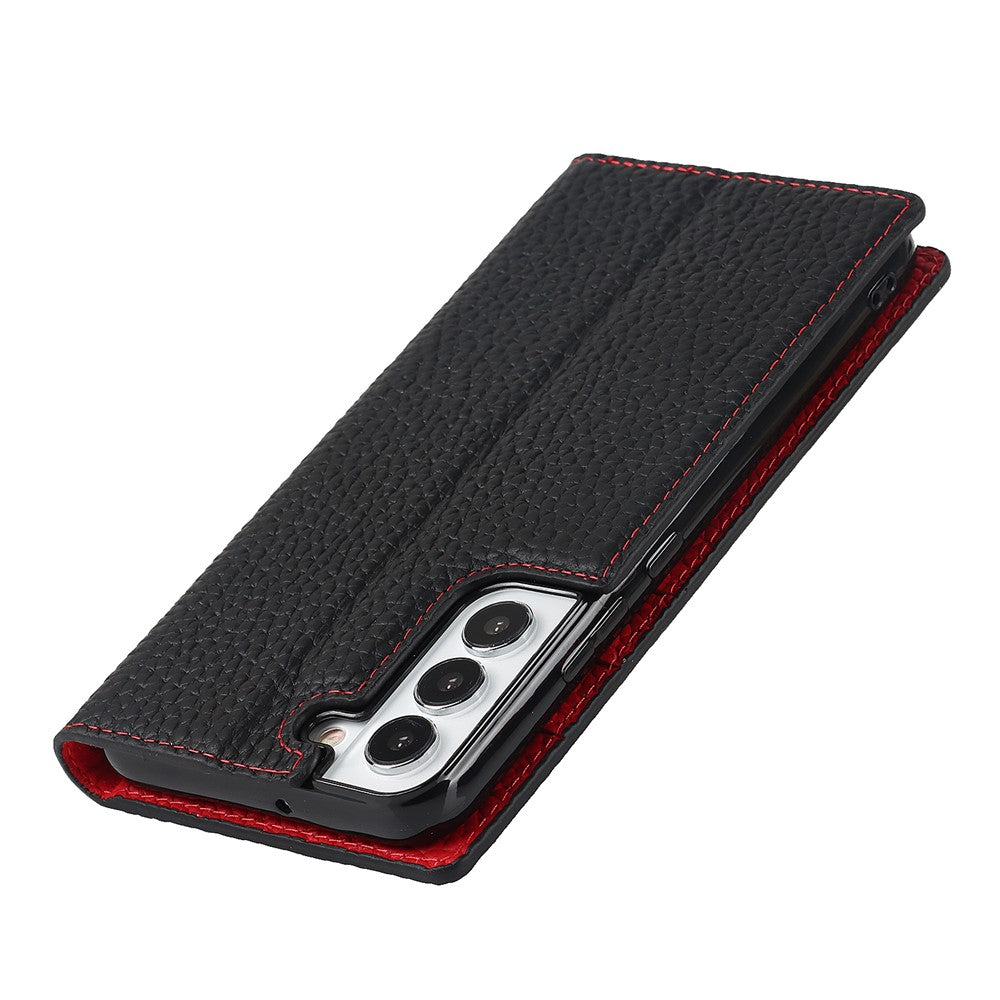 For Samsung Galaxy S22+ 5G Shockproof Genuine Leather Case Litchi Texture Wallet Stand Phone Shell with Hand Strap