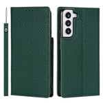 For Samsung Galaxy S22+ 5G Shockproof Genuine Leather Case Litchi Texture Wallet Stand Phone Shell with Hand Strap