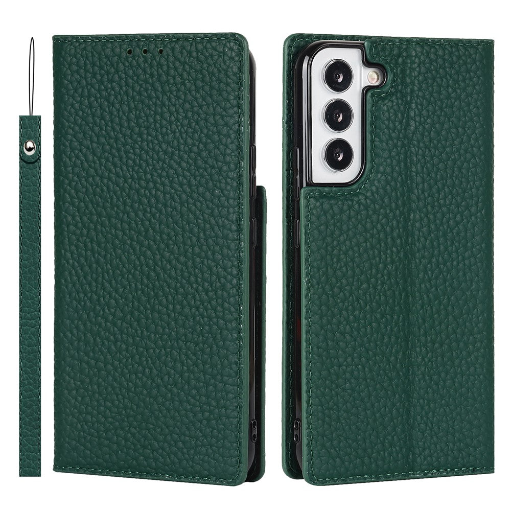 For Samsung Galaxy S22+ 5G Shockproof Genuine Leather Case Litchi Texture Wallet Stand Phone Shell with Hand Strap