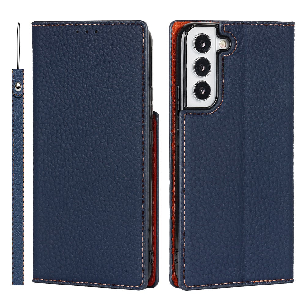 For Samsung Galaxy S22+ 5G Shockproof Genuine Leather Case Litchi Texture Wallet Stand Phone Shell with Hand Strap