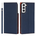 For Samsung Galaxy S22+ 5G Shockproof Genuine Leather Case Litchi Texture Wallet Stand Phone Shell with Hand Strap