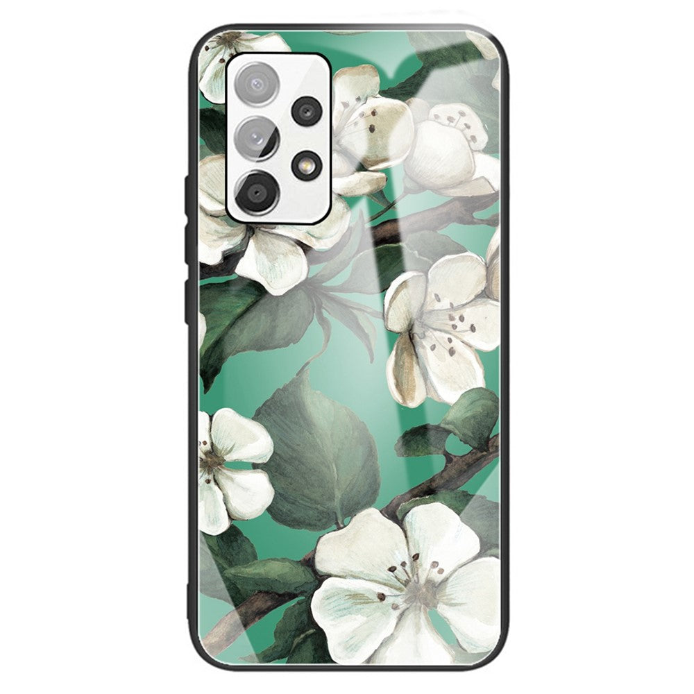 For Samsung Galaxy A13 4G Phone Shell Flexible TPU Frame + Tempered Glass Black Fashionable Pattern Printing Cover