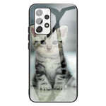 For Samsung Galaxy A13 4G Phone Shell Flexible TPU Frame + Tempered Glass Black Fashionable Pattern Printing Cover
