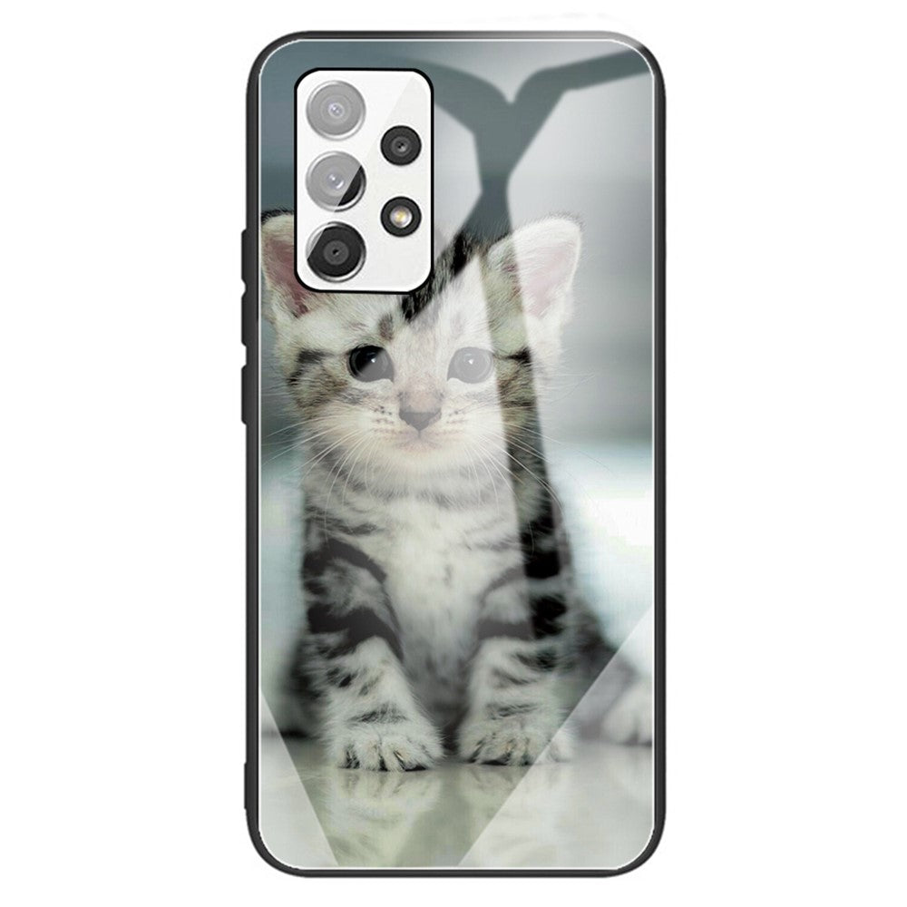 For Samsung Galaxy A13 4G Phone Shell Flexible TPU Frame + Tempered Glass Black Fashionable Pattern Printing Cover