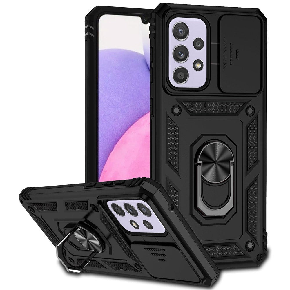 For Samsung Galaxy A33 5G Slide Camera Cover Hard PC + Soft TPU Phone Case with Ring Kickstand