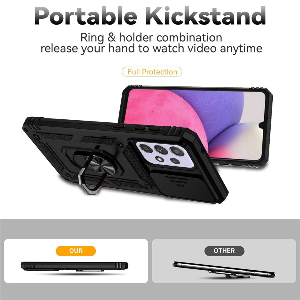 For Samsung Galaxy A33 5G Slide Camera Cover Hard PC + Soft TPU Phone Case with Ring Kickstand
