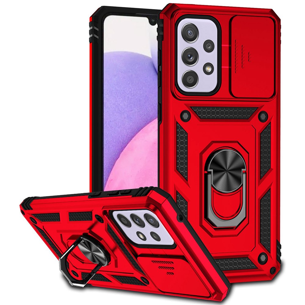 For Samsung Galaxy A33 5G Slide Camera Cover Hard PC + Soft TPU Phone Case with Ring Kickstand