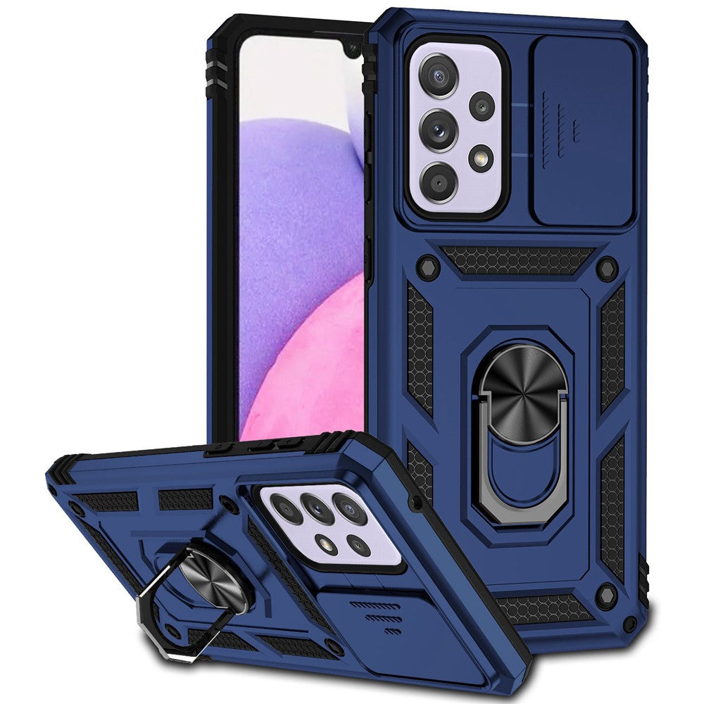 For Samsung Galaxy A33 5G Slide Camera Cover Hard PC + Soft TPU Phone Case with Ring Kickstand