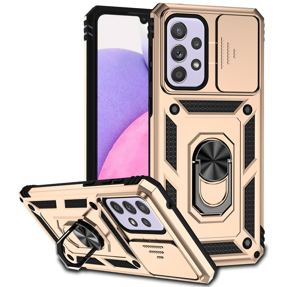 For Samsung Galaxy A33 5G Slide Camera Cover Hard PC + Soft TPU Phone Case with Ring Kickstand