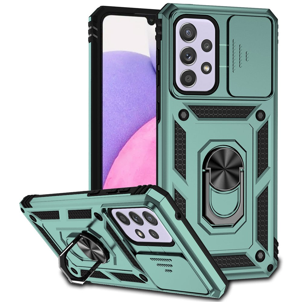 For Samsung Galaxy A33 5G Slide Camera Cover Hard PC + Soft TPU Phone Case with Ring Kickstand