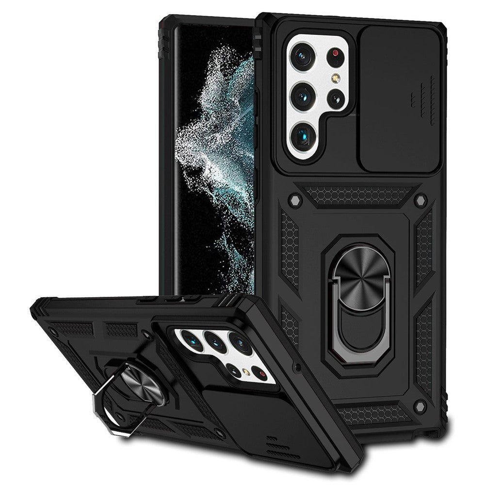 Samsung Galaxy S22 Ultra 5G Ringstativ Baksida TPU+PC Hybrid mobilskal med Skjutkameraskydd