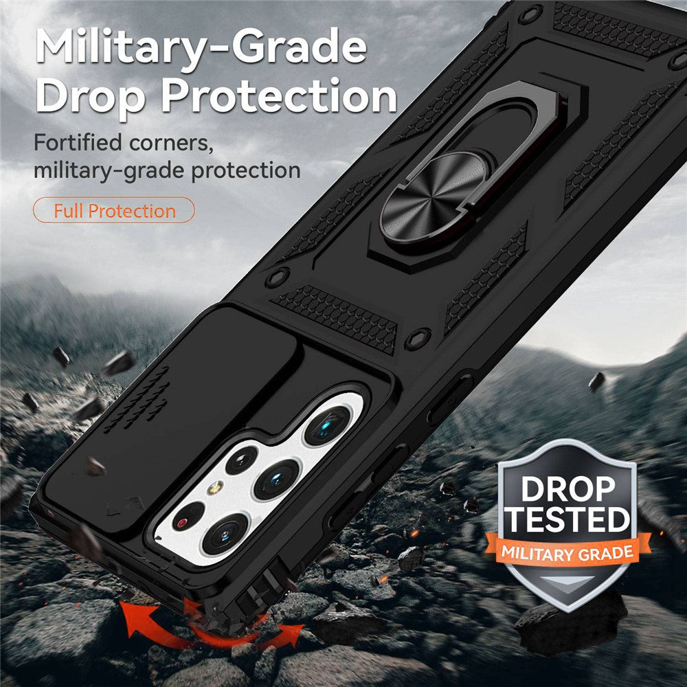 Samsung Galaxy S22 Ultra 5G Ringstativ Baksida TPU+PC Hybrid mobilskal med Skjutkameraskydd