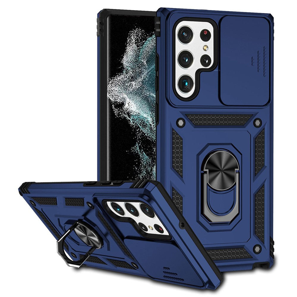 Samsung Galaxy S22 Ultra 5G Ringstativ Baksida TPU+PC Hybrid mobilskal med Skjutkameraskydd