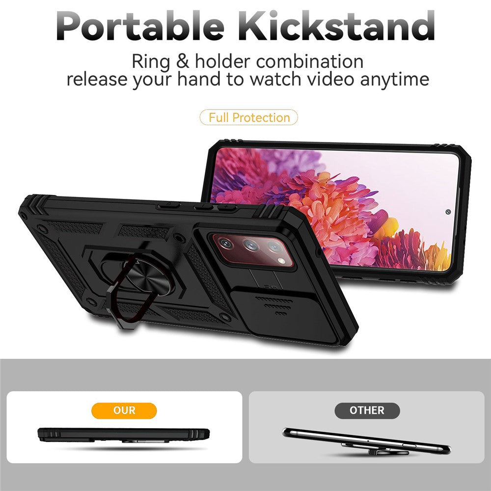 For Samsung Galaxy S20 FE 2022/S20 FE 4G/FE 5G/S20 Lite Slide Camera Protector PC + TPU Case Drop-resistant Kickstand Phone Shell