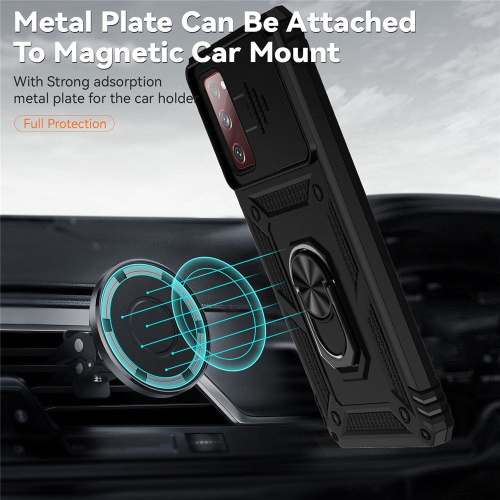For Samsung Galaxy S20 FE 2022/S20 FE 4G/FE 5G/S20 Lite Slide Camera Protector PC + TPU Case Drop-resistant Kickstand Phone Shell