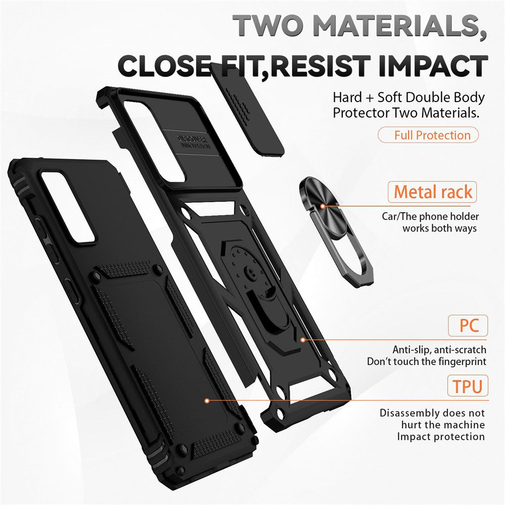 For Samsung Galaxy S20 FE 2022/S20 FE 4G/FE 5G/S20 Lite Slide Camera Protector PC + TPU Case Drop-resistant Kickstand Phone Shell
