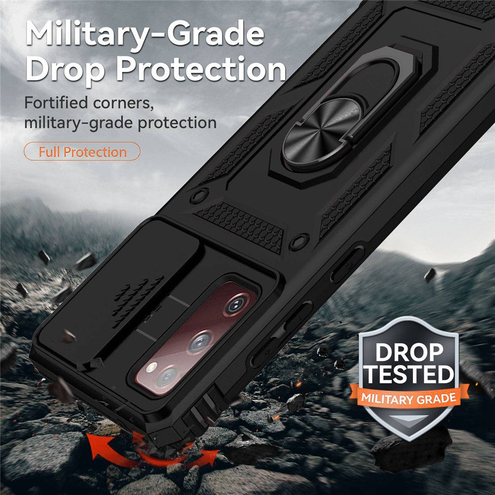 For Samsung Galaxy S20 FE 2022/S20 FE 4G/FE 5G/S20 Lite Slide Camera Protector PC + TPU Case Drop-resistant Kickstand Phone Shell