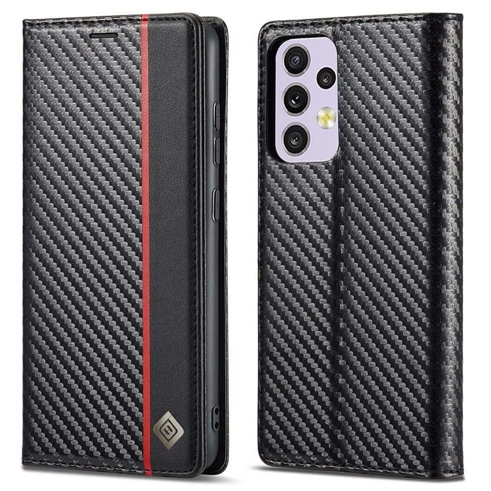 LC.IMEEKE för Samsung Galaxy A33 5G PU-läder kolfibertextur flipfodral stativ dolt magnetiskt adsorption stötsäkert plånboksfodral