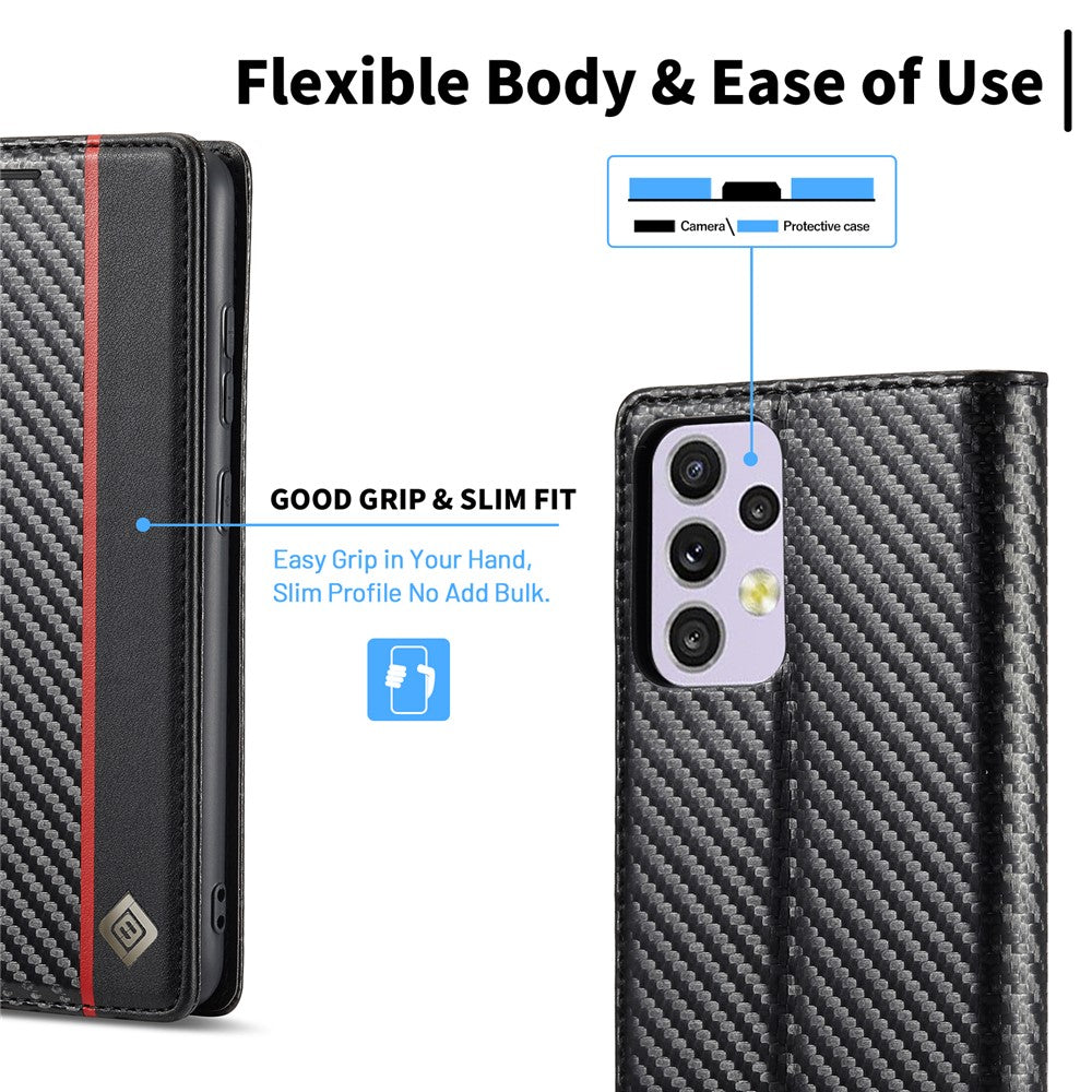 LC.IMEEKE för Samsung Galaxy A33 5G PU-läder kolfibertextur flipfodral stativ dolt magnetiskt adsorption stötsäkert plånboksfodral