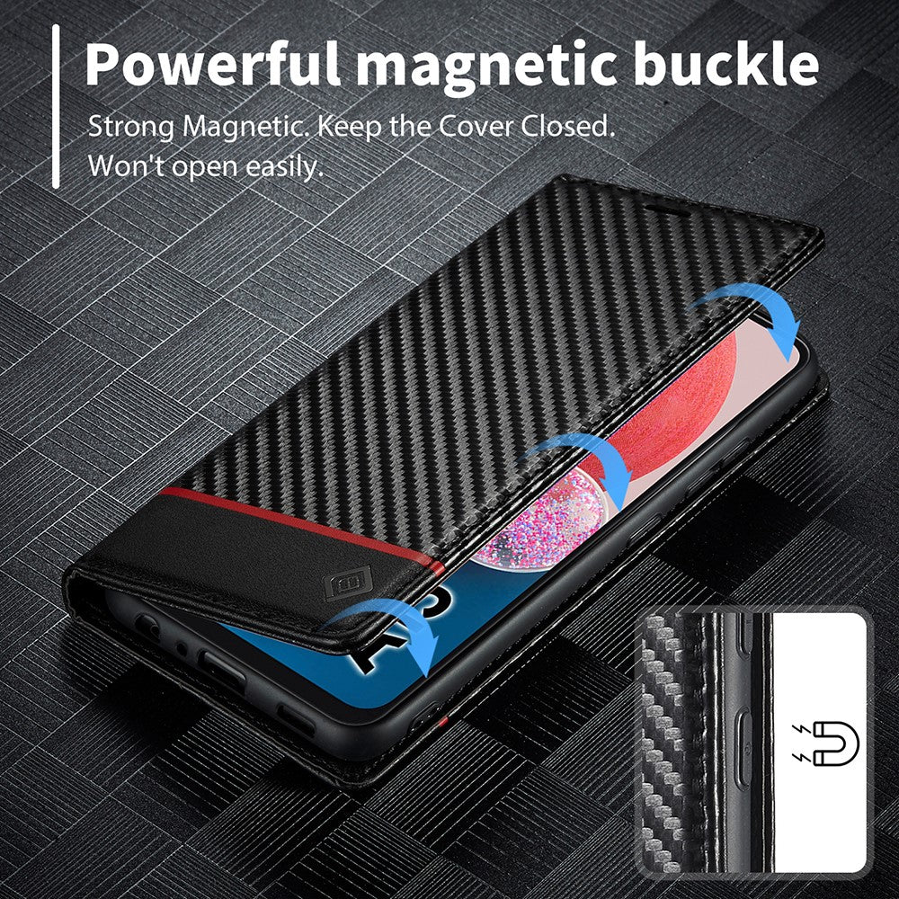 LC.IMEEKE Flip-plånboksfodral till Samsung Galaxy A13 4G / A04 4G (164,4 x 76,3 x 9,1 mm), PU-läder, kolfiberstruktur, stativ, magnetiskt, självabsorberande folio-skyddande mobilskal