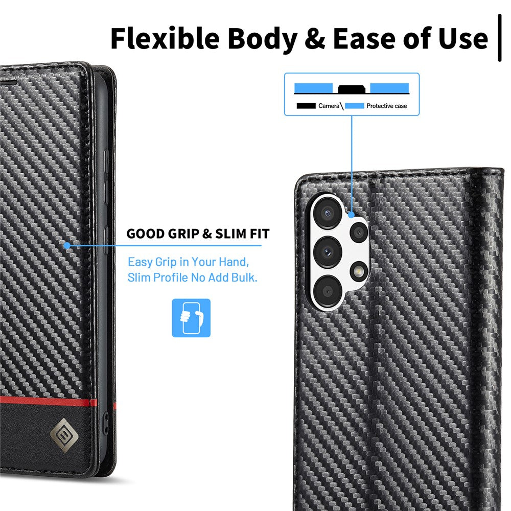 LC.IMEEKE Flip-plånboksfodral till Samsung Galaxy A13 4G / A04 4G (164,4 x 76,3 x 9,1 mm), PU-läder, kolfiberstruktur, stativ, magnetiskt, självabsorberande folio-skyddande mobilskal