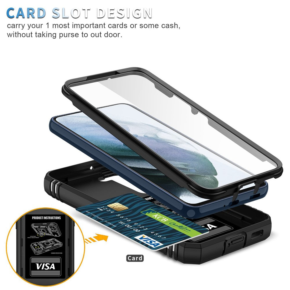 For Samsung Galaxy S22 5G Case Ring Kickstand Anti-Scratch Hard PC + TPU Bumper Shockproof Protective Cover with Sliding Camera Lens Protector