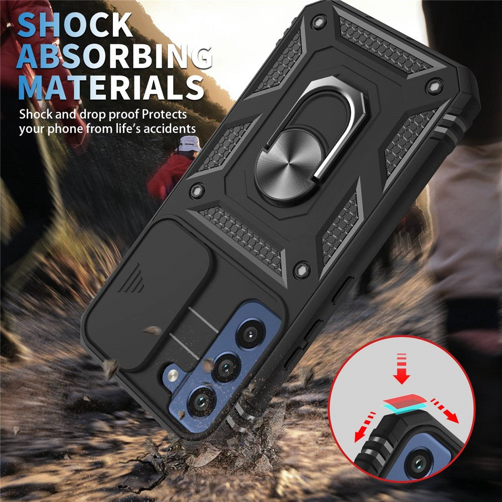 For Samsung Galaxy S22 5G Case Ring Kickstand Anti-Scratch Hard PC + TPU Bumper Shockproof Protective Cover with Sliding Camera Lens Protector