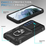 For Samsung Galaxy S22 5G Case Ring Kickstand Anti-Scratch Hard PC + TPU Bumper Shockproof Protective Cover with Sliding Camera Lens Protector