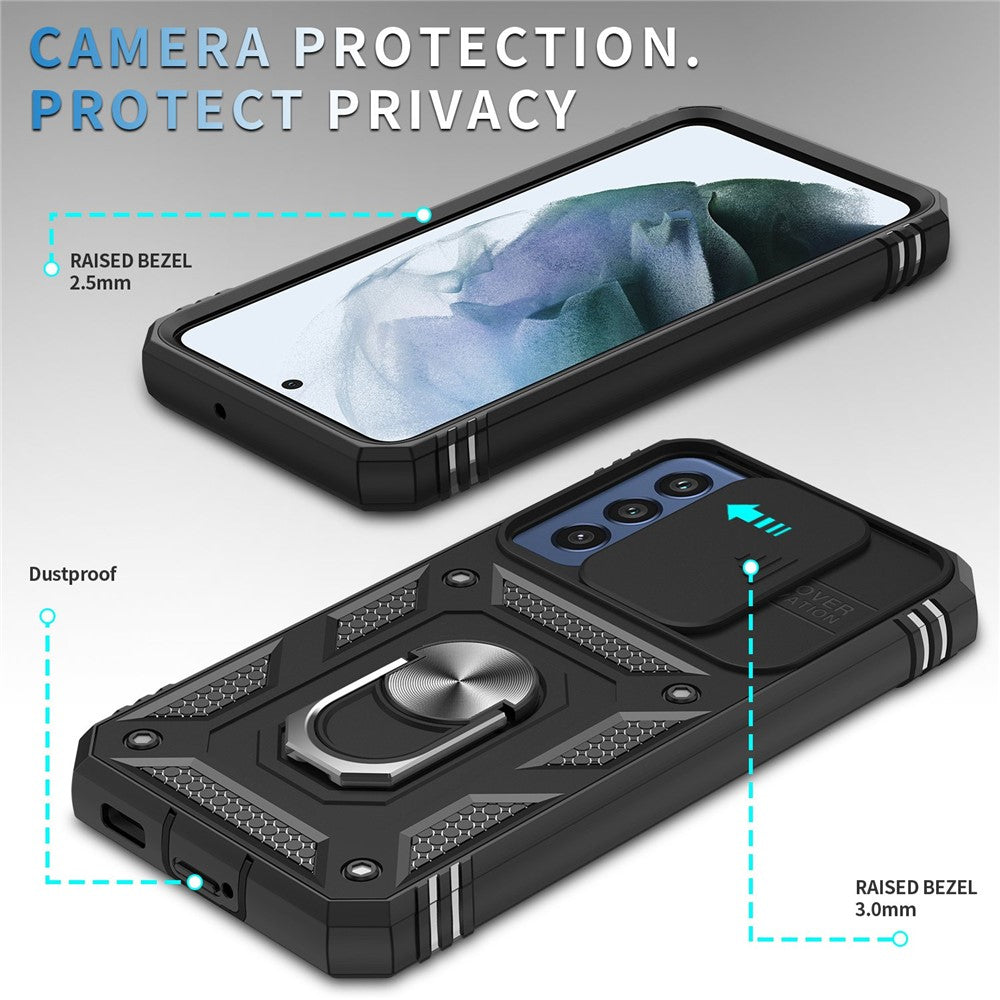 For Samsung Galaxy S22 5G Case Ring Kickstand Anti-Scratch Hard PC + TPU Bumper Shockproof Protective Cover with Sliding Camera Lens Protector