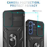 For Samsung Galaxy S22 5G Case Ring Kickstand Anti-Scratch Hard PC + TPU Bumper Shockproof Protective Cover with Sliding Camera Lens Protector